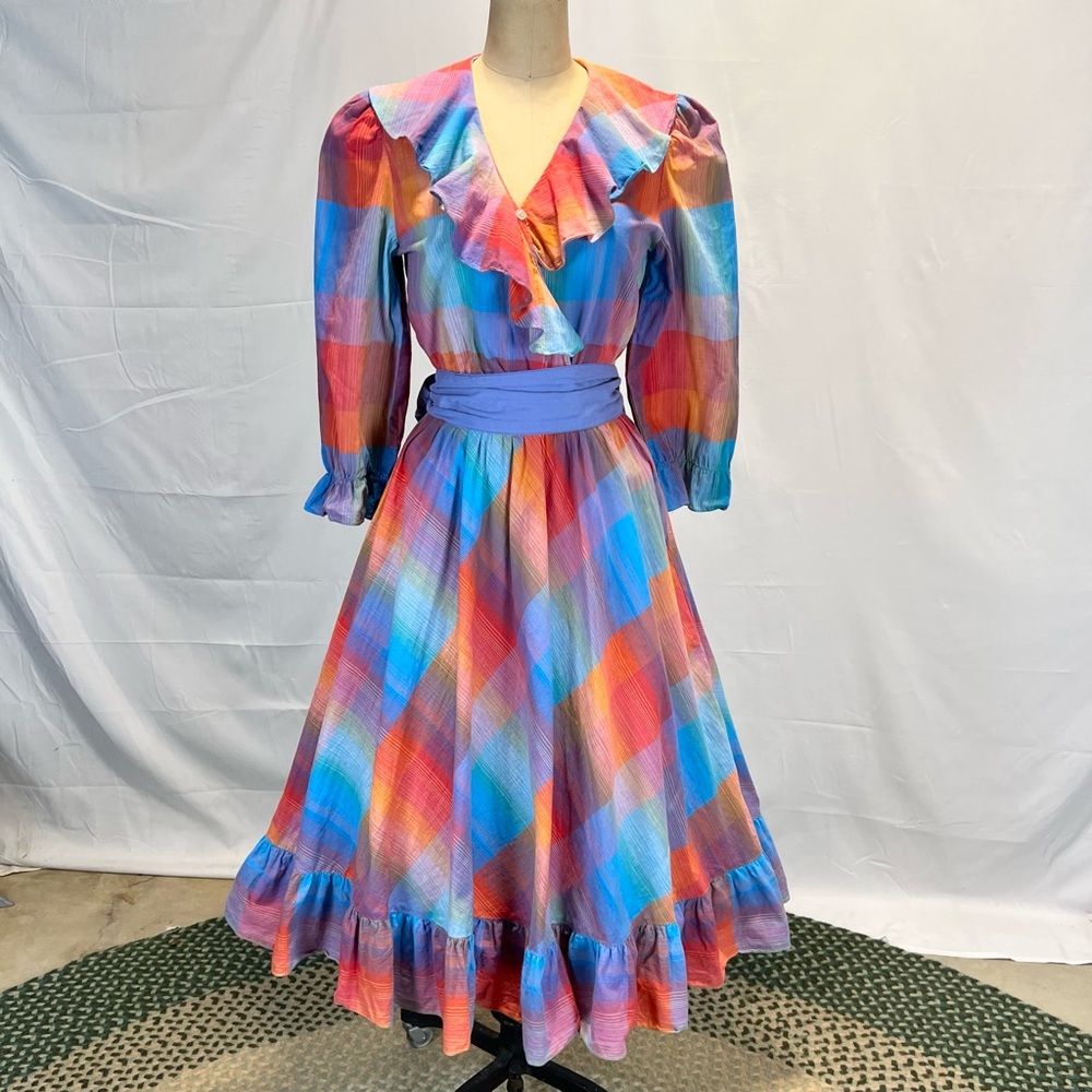 VINTAGE 80s plaid prairie dress ruffle poet collar a-line long sleeve midi‎ - Picture 10 of 17